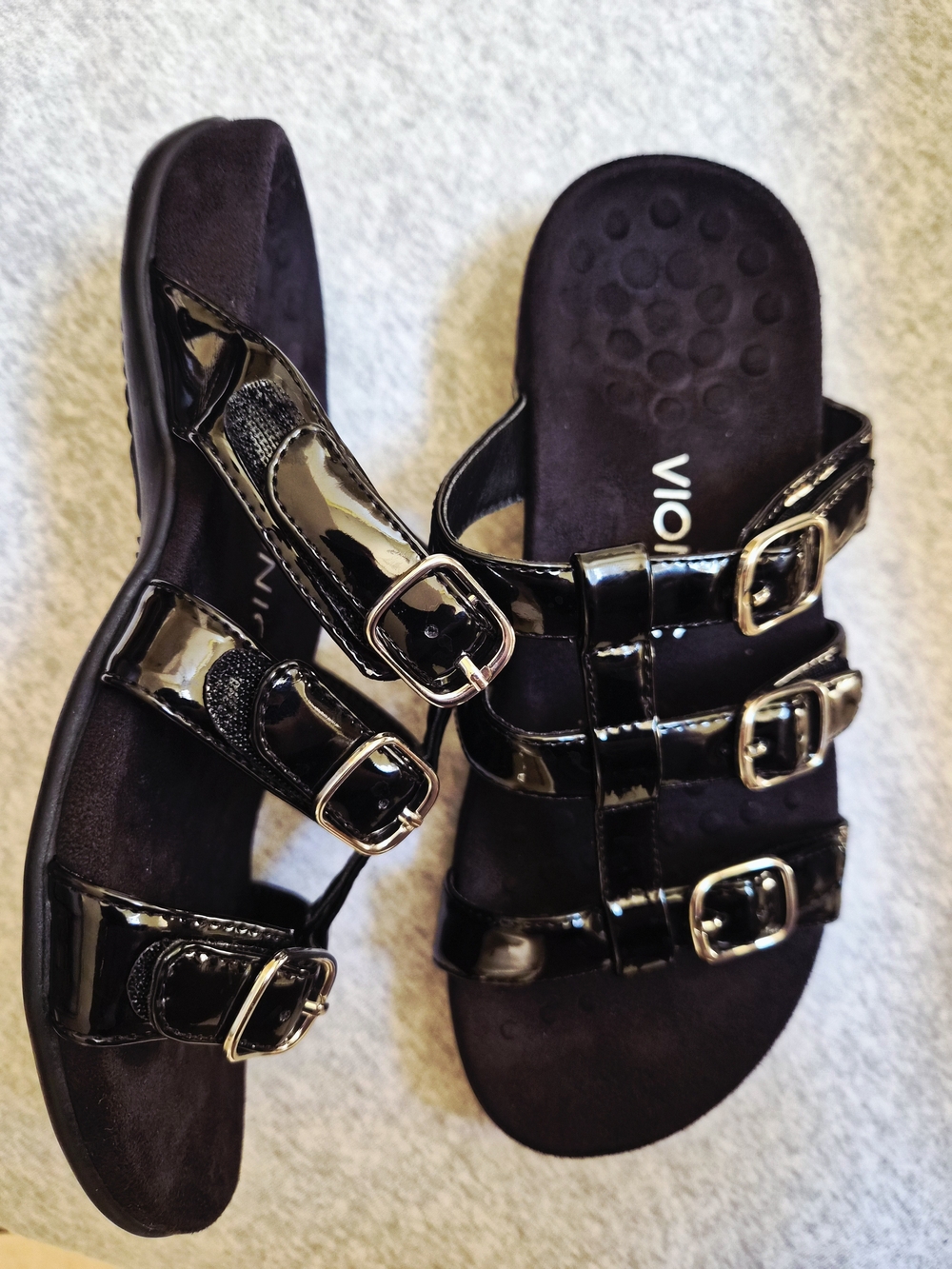 Vionic Black Patent Triple-Buckle Slide Sandals with Silver Hardware